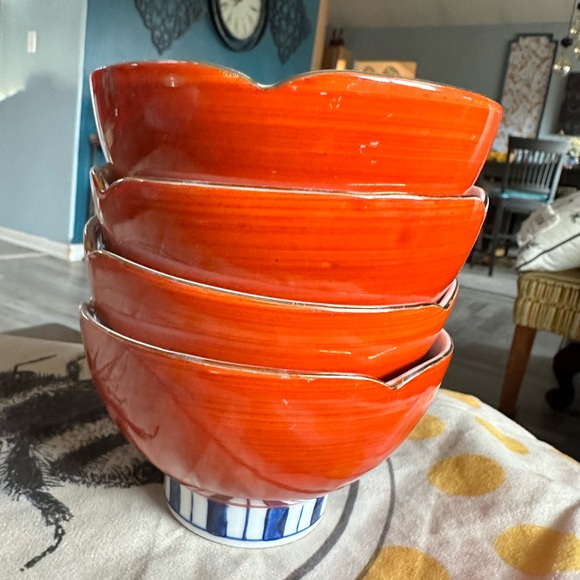 Vintage MCM  Lotus Rice Bowls Japanese Set Of 4 Gold Rims Blue Stripes - Picture 3 of 4